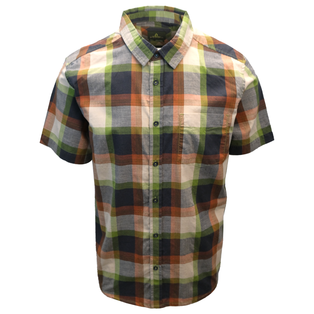 prAna Men's Charcoal Green Orange Box Plaid Benton S/S Woven Shirt S05