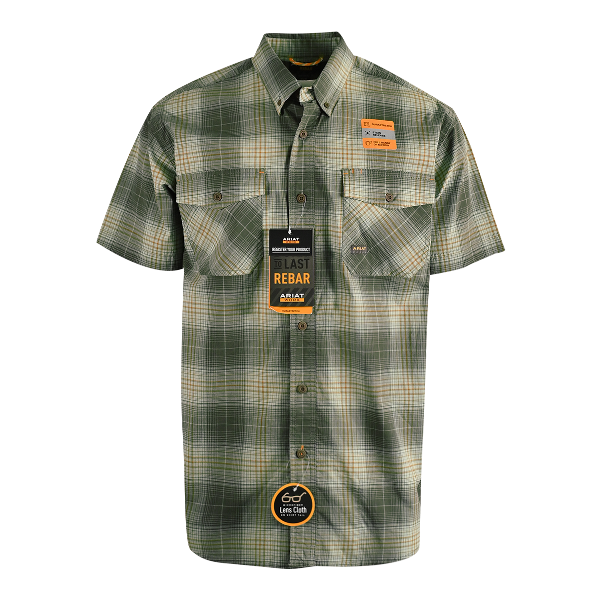 Ariat Men's Shirt Silt Green Button Plaid Rebar Short Sleeve Woven (490)