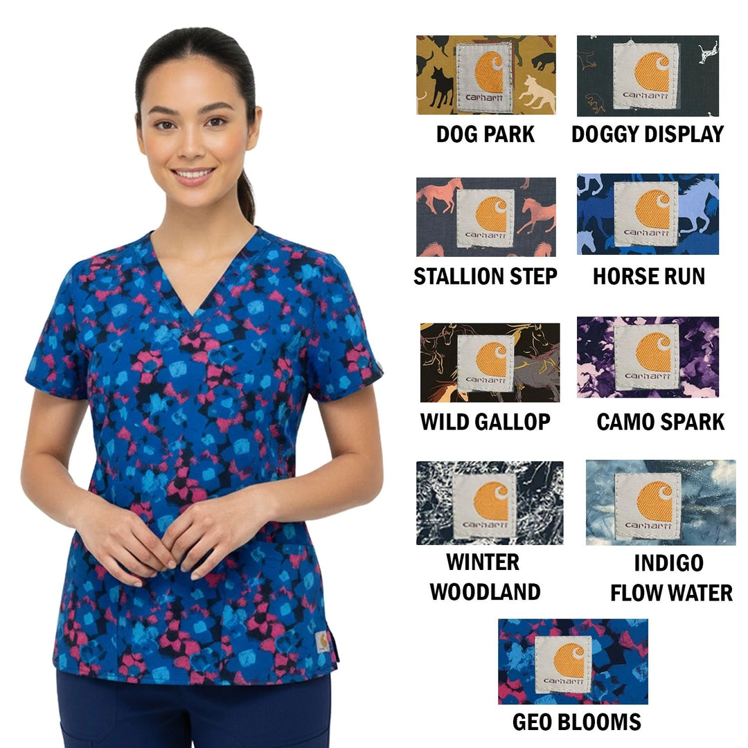 Carhartt Women's Scrub Force Pocket Rugged Flex V-Neck Print Top D Ring (M03)