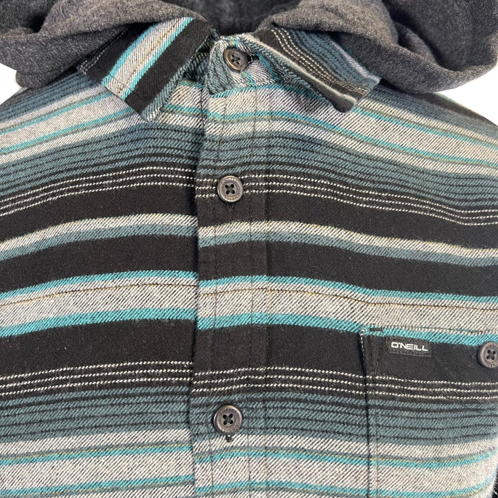O'Neill Men's Black & Blue Flannel Shirt Redmond Hooded Horizontal Striped (S33)