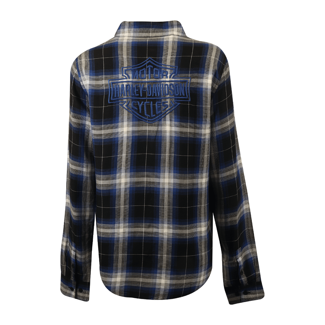 HD Branded Women's Shirt Blue Black Plaid Text L/S Woven (S20)