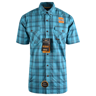 Ariat Men's Shirt Aqua Blue Bachelor Button Plaid Rebar Short Sleeve Woven (491)