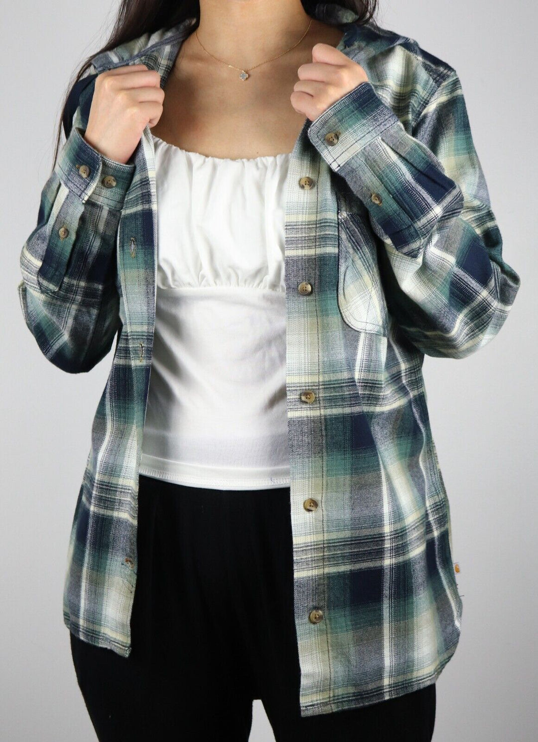 Carhartt Women's Forrest Green Navy Cream Plaid Hooded L/S Woven Shirt