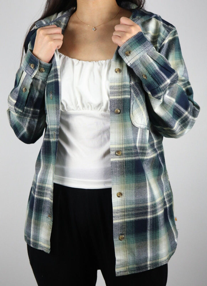 Carhartt Women's Forrest Green Navy Cream Plaid Hooded L/S Woven Shirt