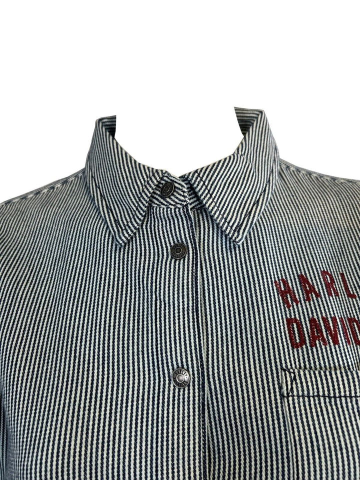 HD Branded Women's Blue Shirt Railroad Stripe Logo Long Sleeve (S26)