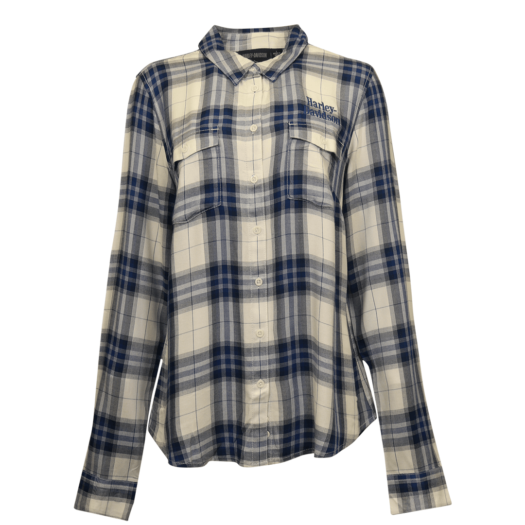 HD Branded Women's Shirt Blue White Plaid Embroidered Text L/S Woven (S22)