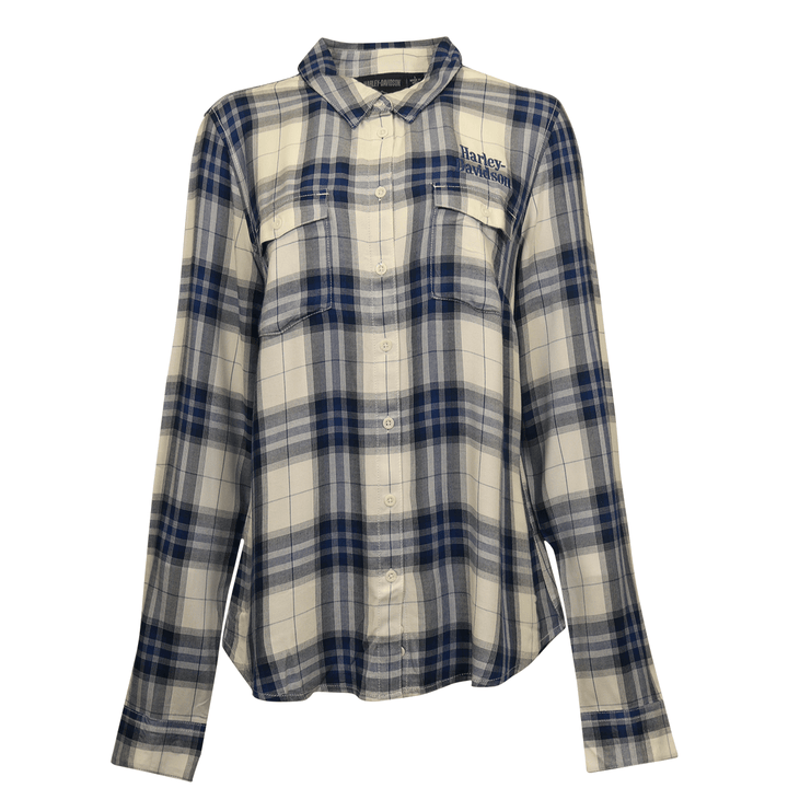 HD Branded Women's Shirt Blue White Plaid Embroidered Text L/S Woven (S22)