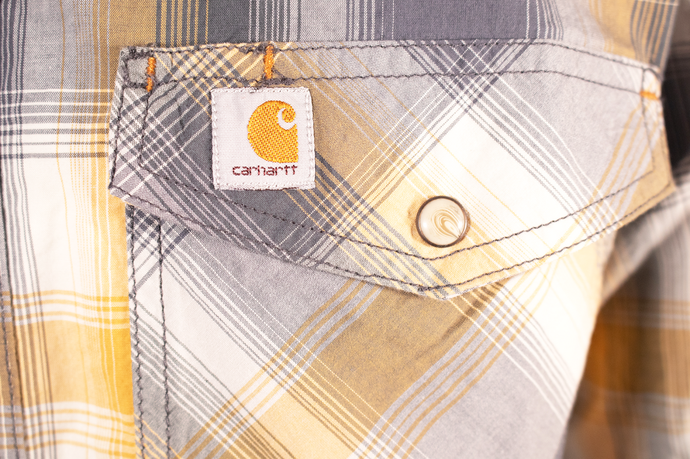 Carhartt Men's Grey Yellow White Plaid Snap-Front S/S Woven Shirt (S11)