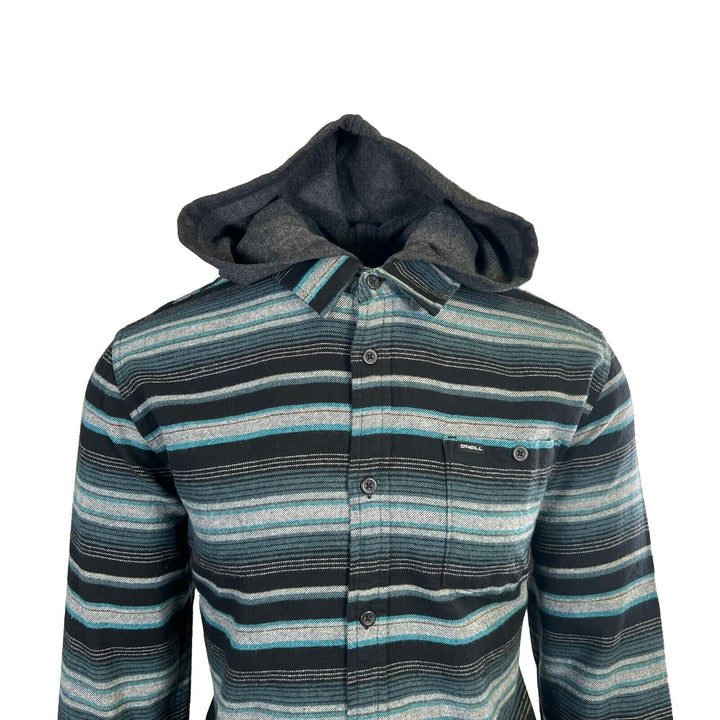 O'Neill Men's Black & Blue Flannel Shirt Redmond Hooded Horizontal Striped (S33)