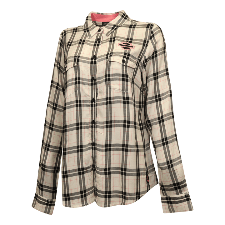 HD Branded Women's Shirt Black White Pink Plaid Text L/S Woven (S21)