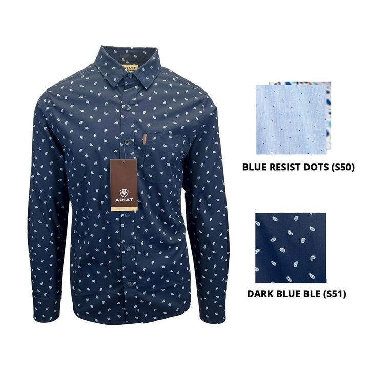 Ariat Men's Blue & Dark Blue Ble Shirt Stretch Modern Fit L/S (S50), (S51)