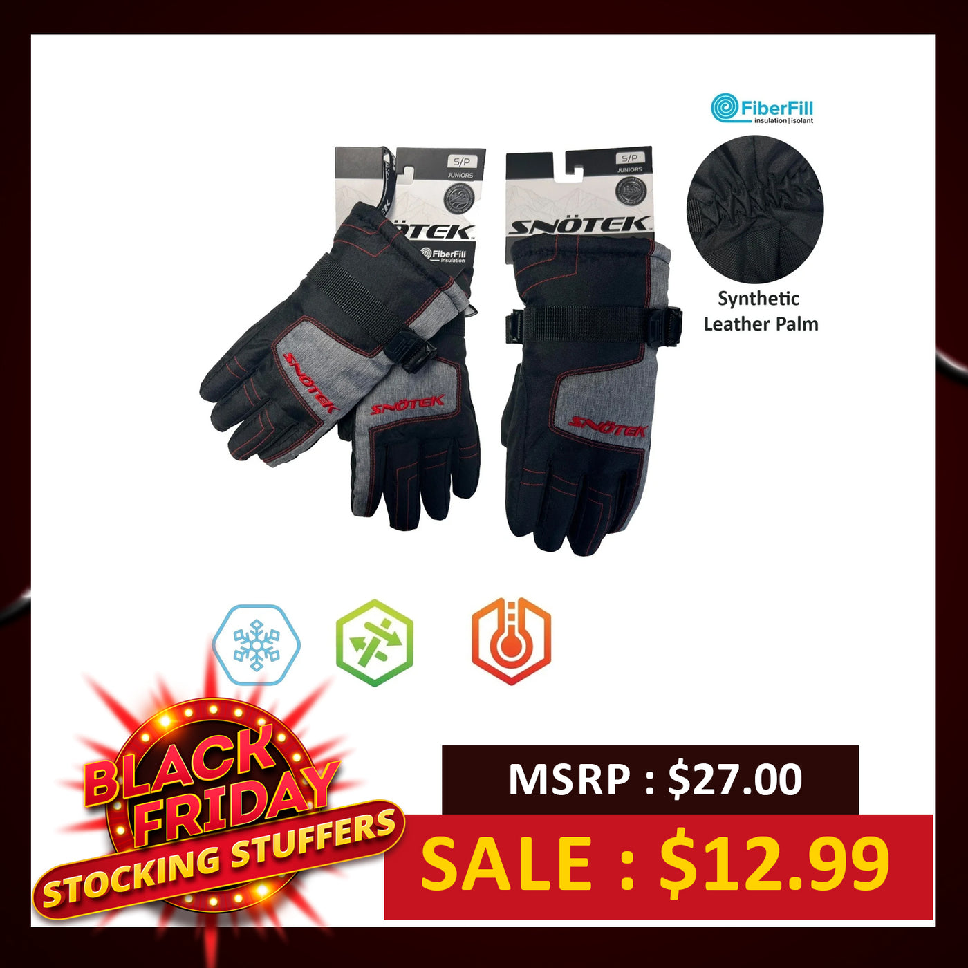 Snotek Junior's Black Grey Stitched Performance Winter Ski Gloves ST318 (S01)