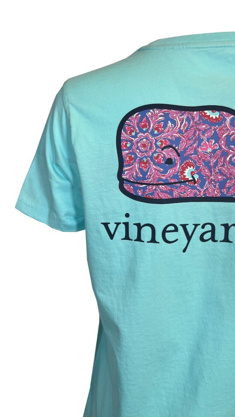 Vineyard Vines Youth's Blue Island Paradise T-Shirt Paisley Floral Whale (S01)