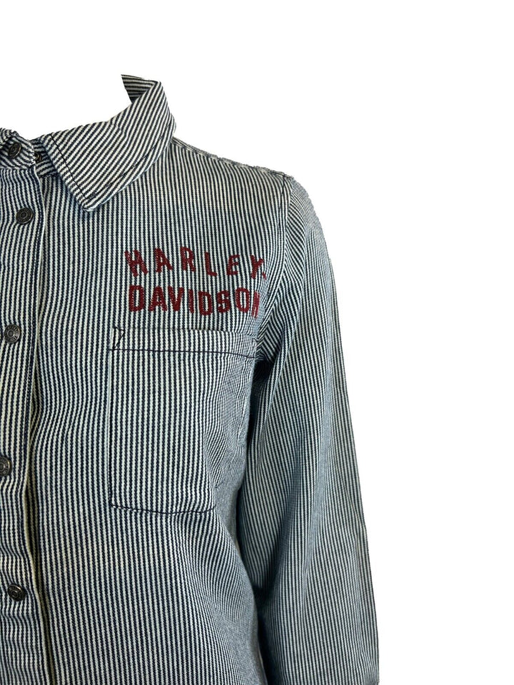 HD Branded Women's Blue Shirt Railroad Stripe Logo Long Sleeve (S26)