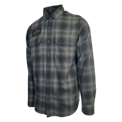 Branded Men's Shirt Black & Grey Plaid Woven Patched Logo L/S (S86)