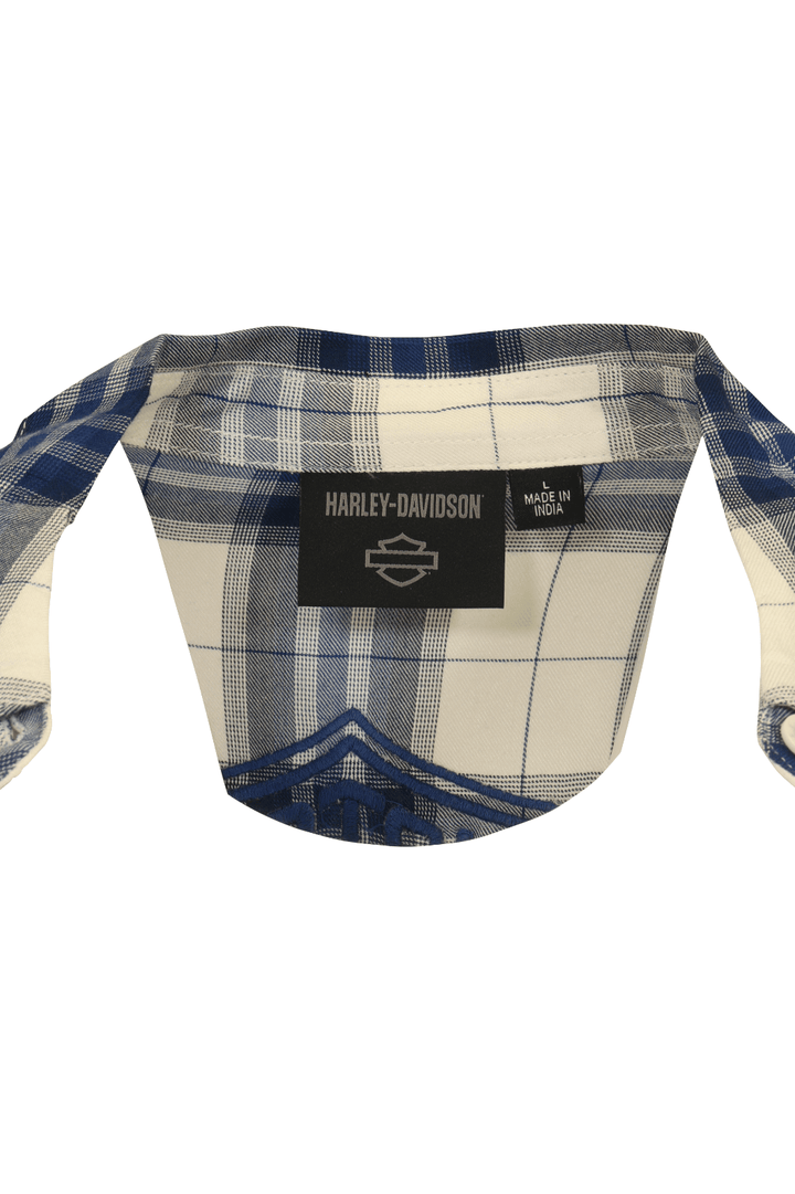 HD Branded Women's Shirt Blue White Plaid Embroidered Text L/S Woven (S22)