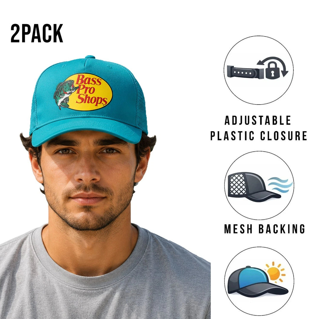 Bass Pro Shops Cap Aqua Blue Snapback Outdoor Trucker Hat- 2 Pack (S08)
