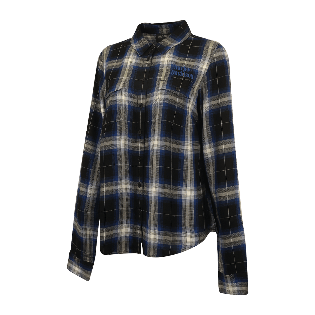 HD Branded Women's Shirt Blue Black Plaid Text L/S Woven (S20)