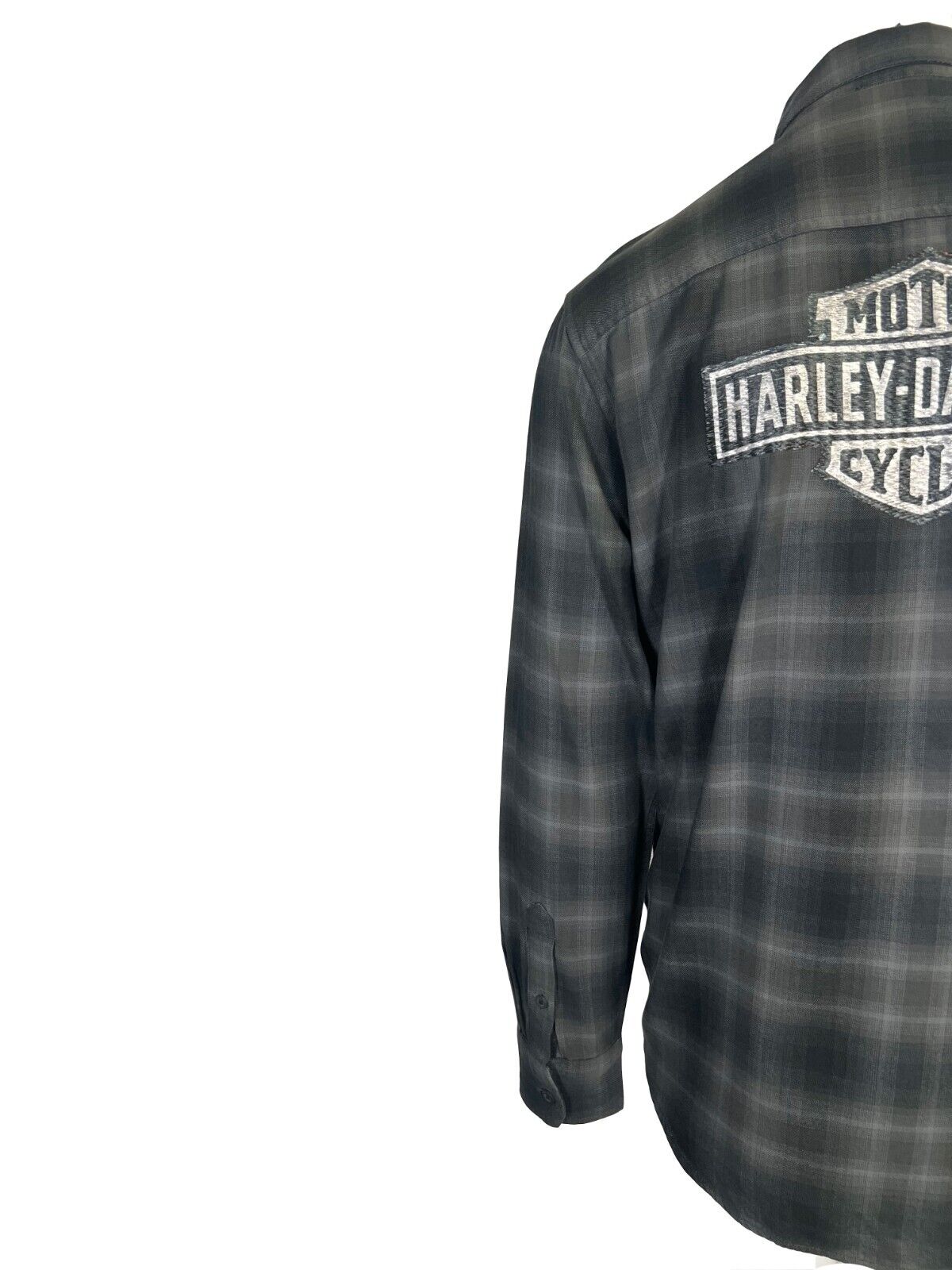 Branded Men's Shirt Black & Grey Plaid Woven Patched Logo L/S (S86)