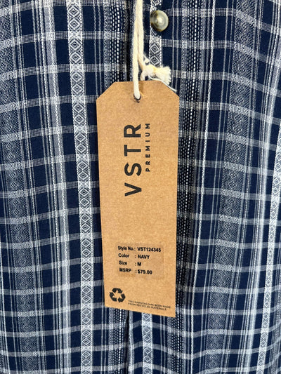 Vstr Premium Men's Navy Shirt Vertical Stiped Button Down Short Sleeve (S03)