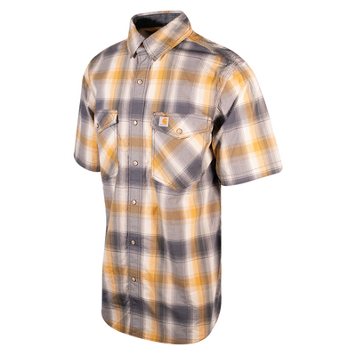 Carhartt Men's Grey Yellow White Plaid Snap-Front S/S Woven Shirt (S11)