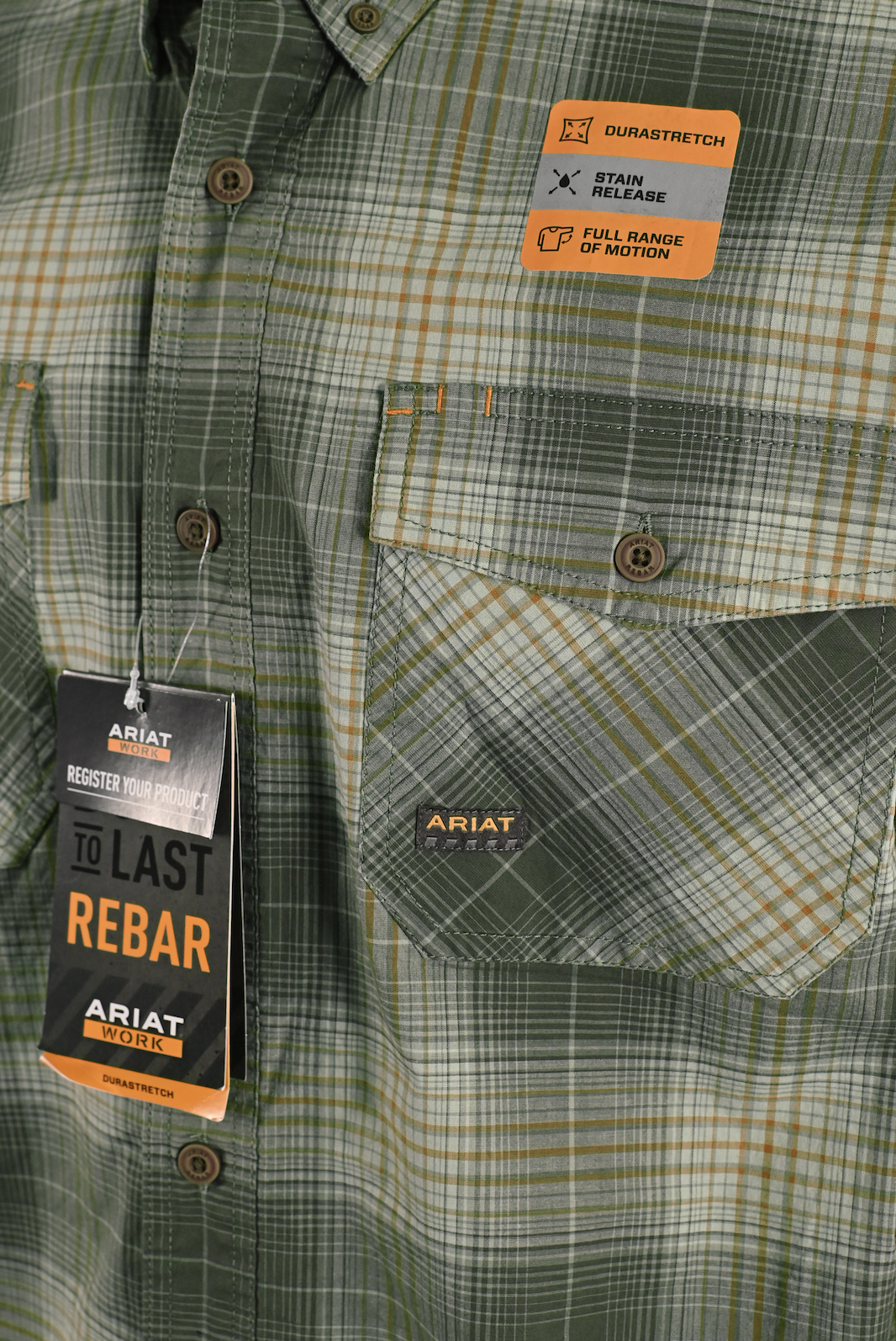 Ariat Men's Shirt Silt Green Button Plaid Rebar Short Sleeve Woven (490)