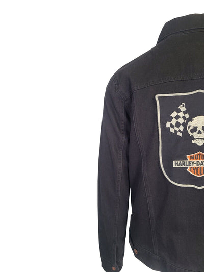 Branded Men's Black Jacket Skull Flag Denim Logo on Sleeve (S83)