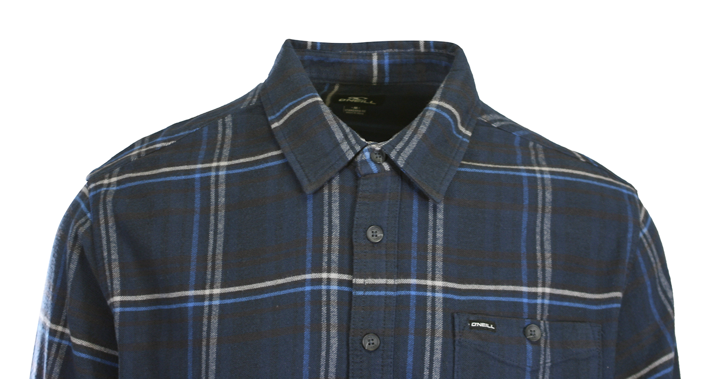O'Neill Men's Navy Shirt Redmond Plaid Stretch Flannel White Lined L/S (S23)