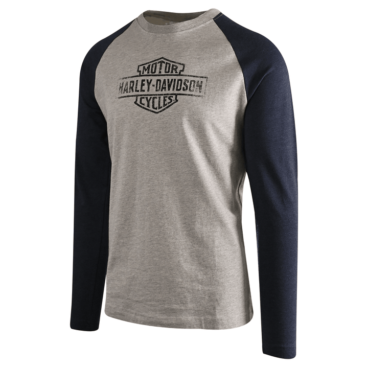 HD Branded Men's T-Shirt Blue Heather Grey Oil Can Bar & Shield Raglan