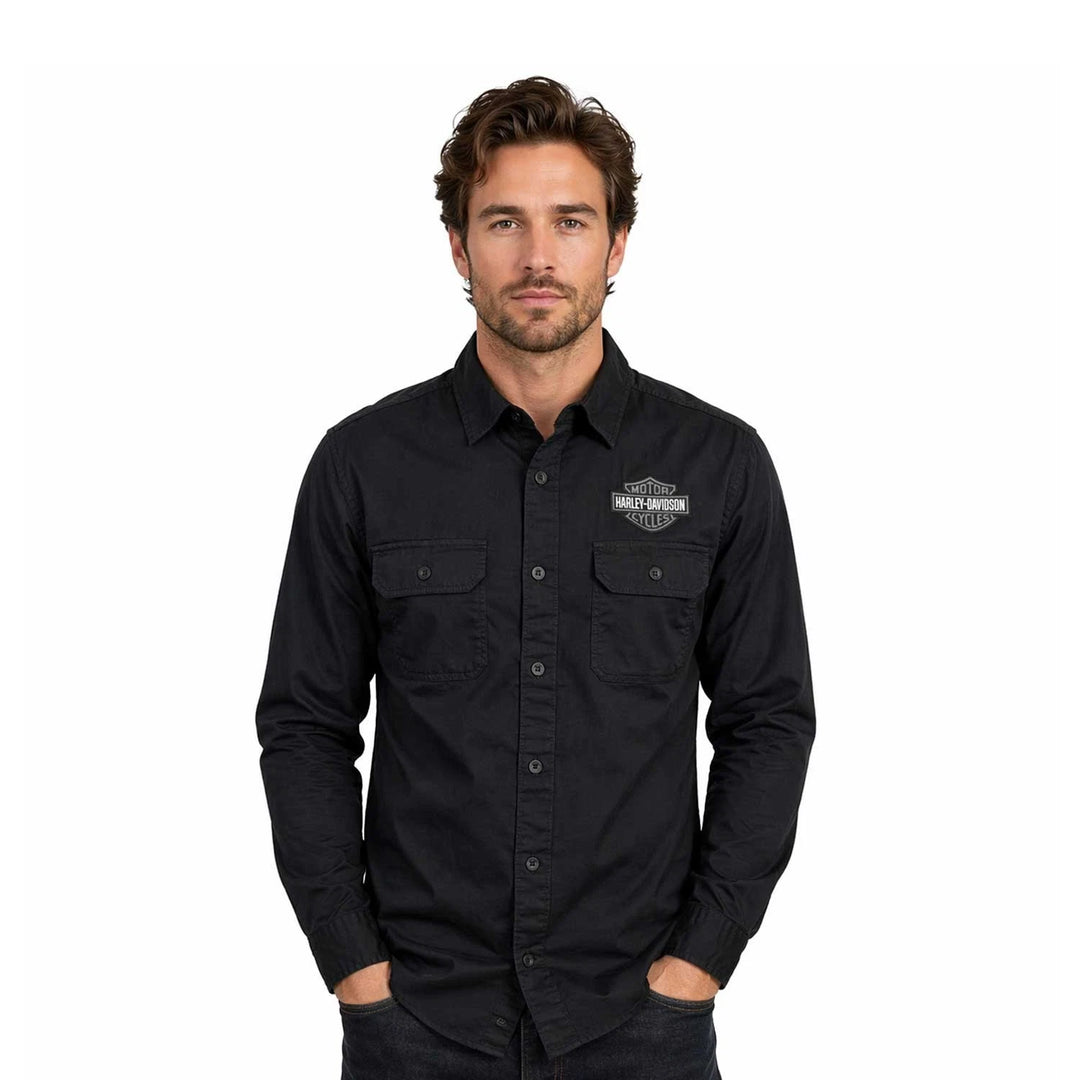 HD Branded Men’s Black Shirt Bar &amp; Shield Solid Long Sleeve (353)
