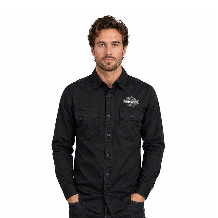 HD Branded Men’s Black Shirt Bar &amp; Shield Solid Long Sleeve (353)