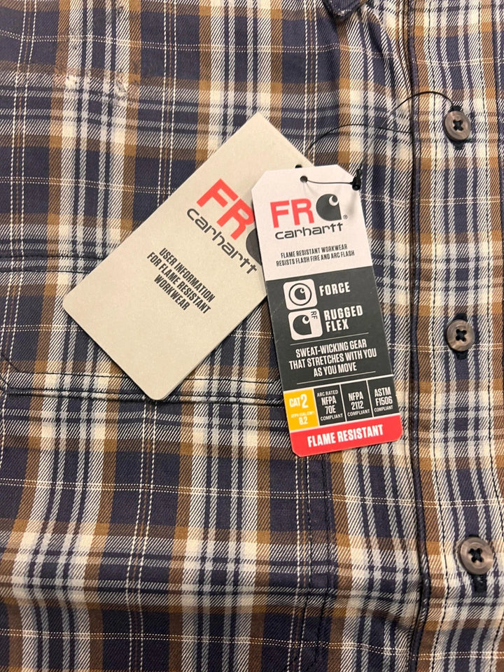 Carhartt FR Men’s Dark Brown Navy Plaid Shirt - Rugged Flex L/S CAT 2 (S375)