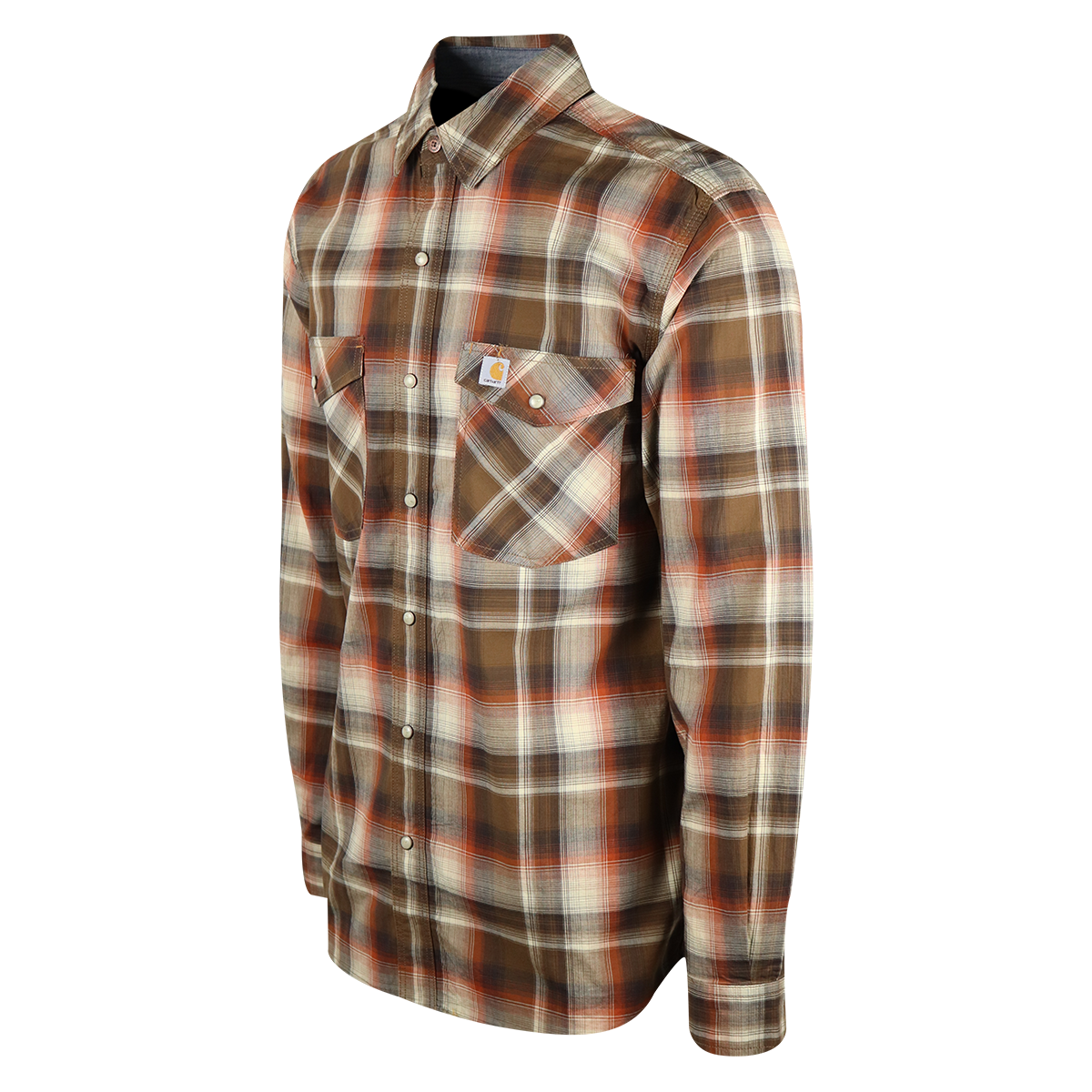 Carhartt Men's Brown Autumn Orange Cream Plaid Snap Front L/S Woven Shirt (S04)