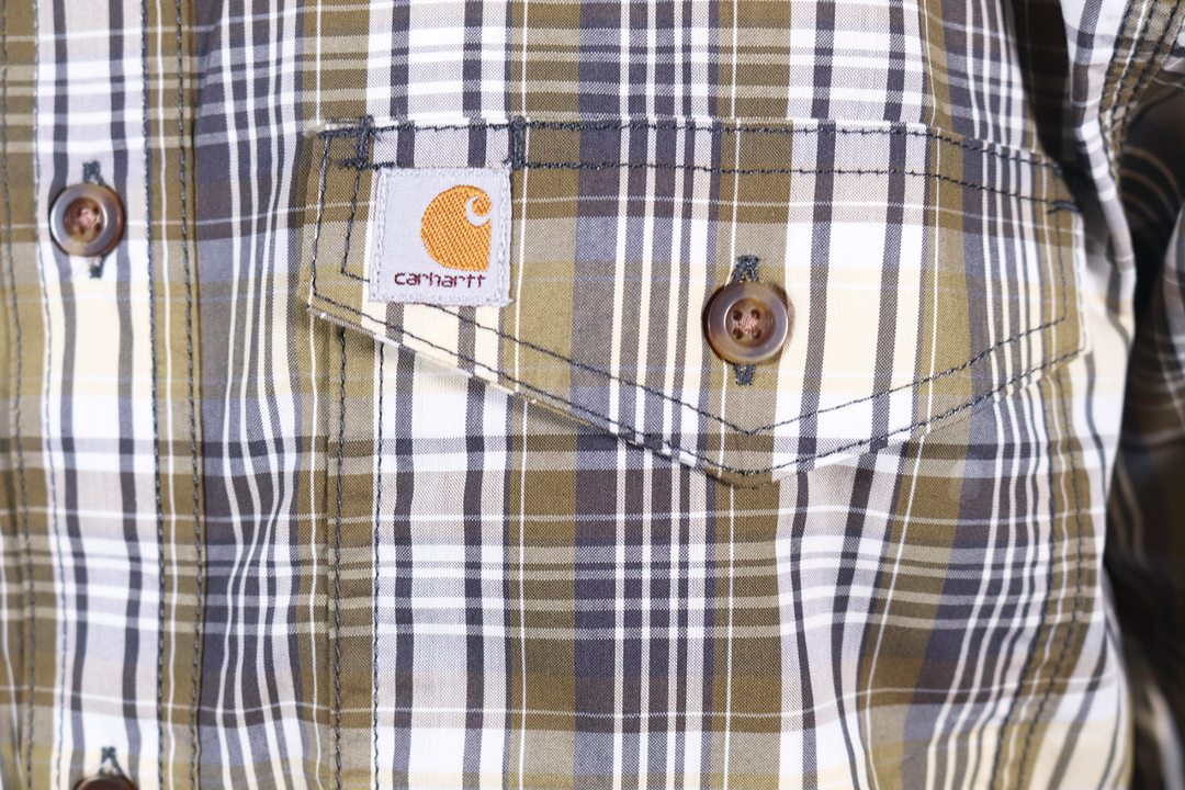 Carhartt Men's Force Olive Green White Plaid Lightweight S/S Woven Shirt (S05)