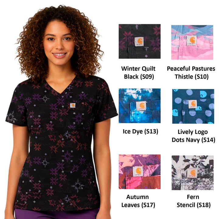 Carhartt Women's Scrub Force Pocket Logo Rugged Flex Cross-Flex V-Neck Print Top