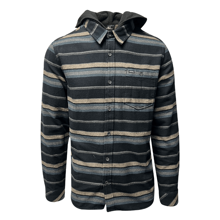 O'Neill Men's Black Flannel Shirt Redmond Hooded Horizontal Striped (S31)
