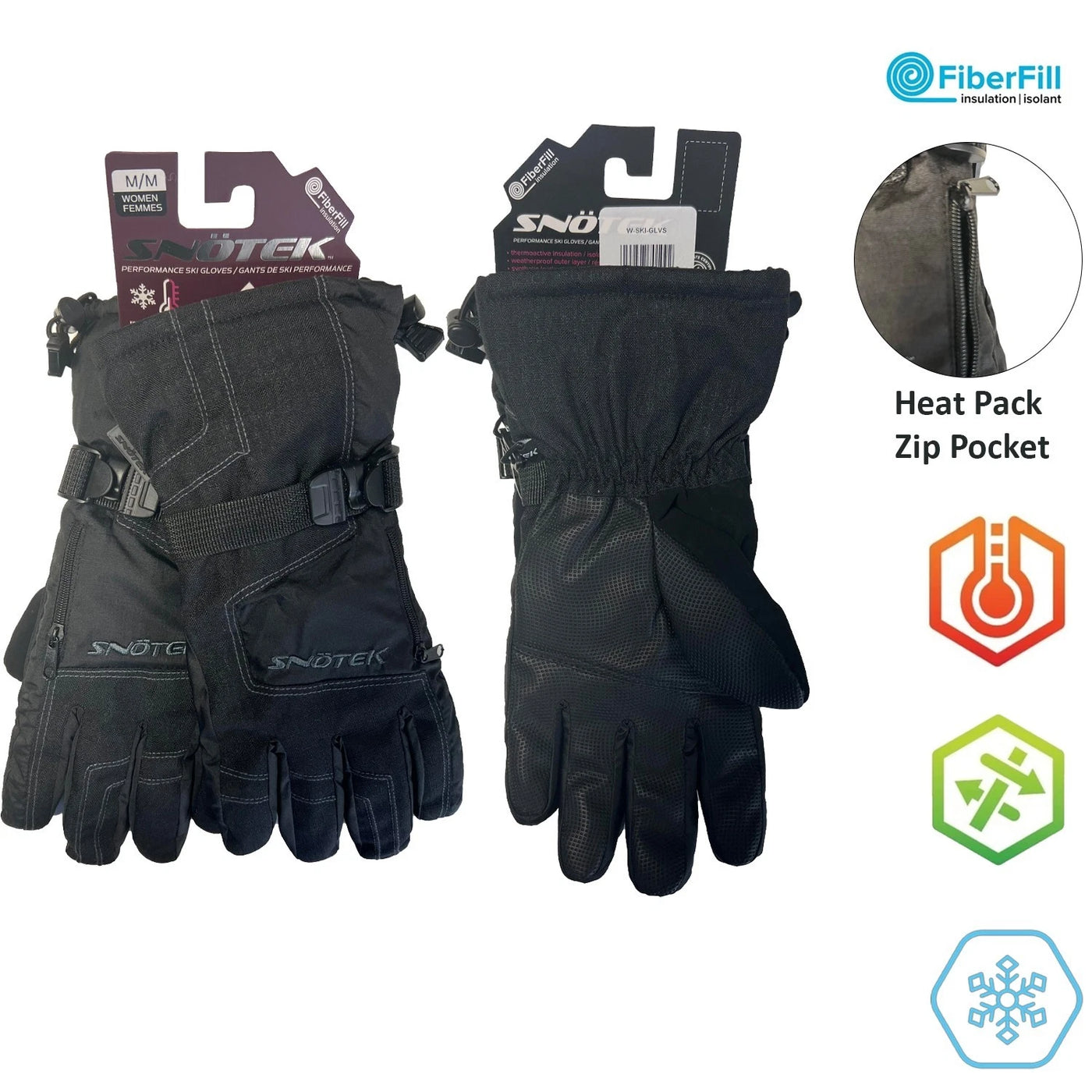 Snotek Women's Black Stitched Zip Performance Winter Ski Gloves ST118 (S02)