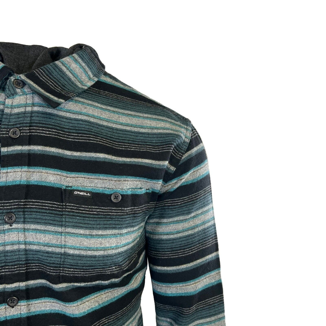 O'Neill Men's Black & Blue Flannel Shirt Redmond Hooded Horizontal Striped (S33)