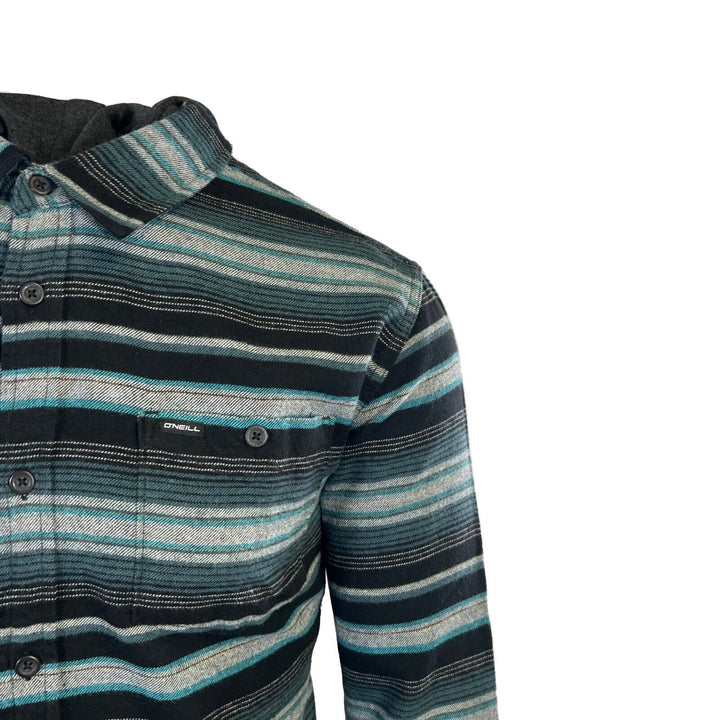 O'Neill Men's Black & Blue Flannel Shirt Redmond Hooded Horizontal Striped (S33)