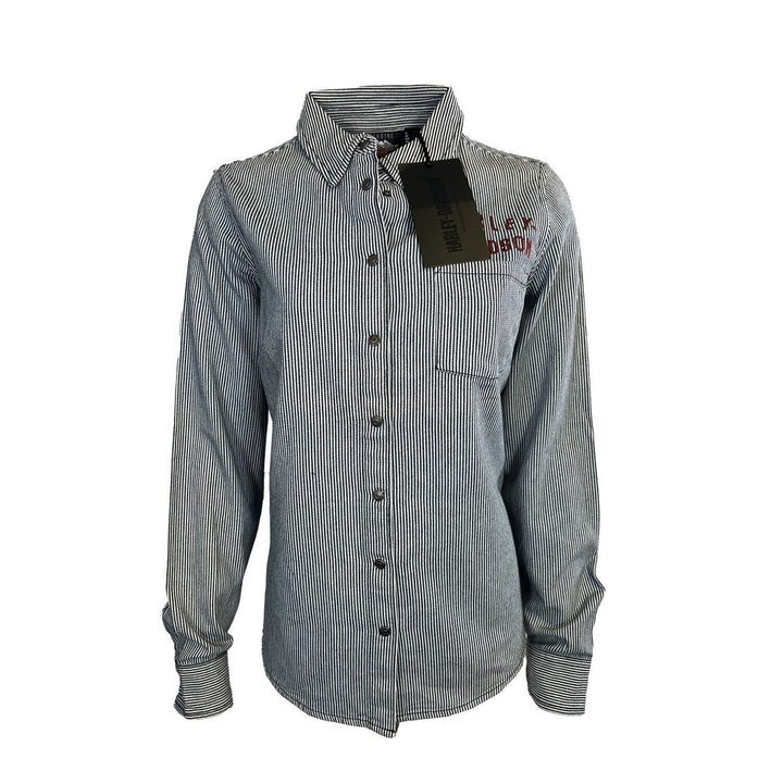 HD Branded Women's Blue Shirt Railroad Stripe Logo Long Sleeve (S26)