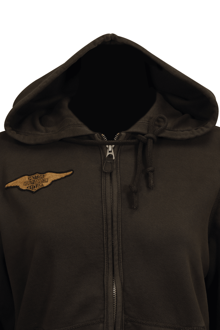 HD Branded Women's Hoodie Black Wings Patch Logo Full Zip L/S (S08)