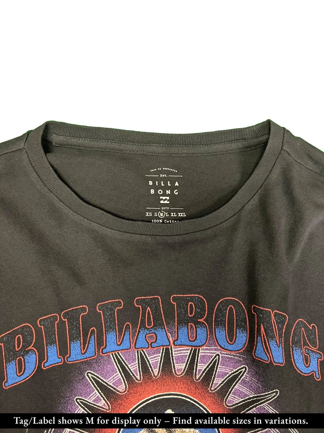 Billabong Women's Black T-Shirt World Tour 1973 Graphic Print Tee S/S (S01)