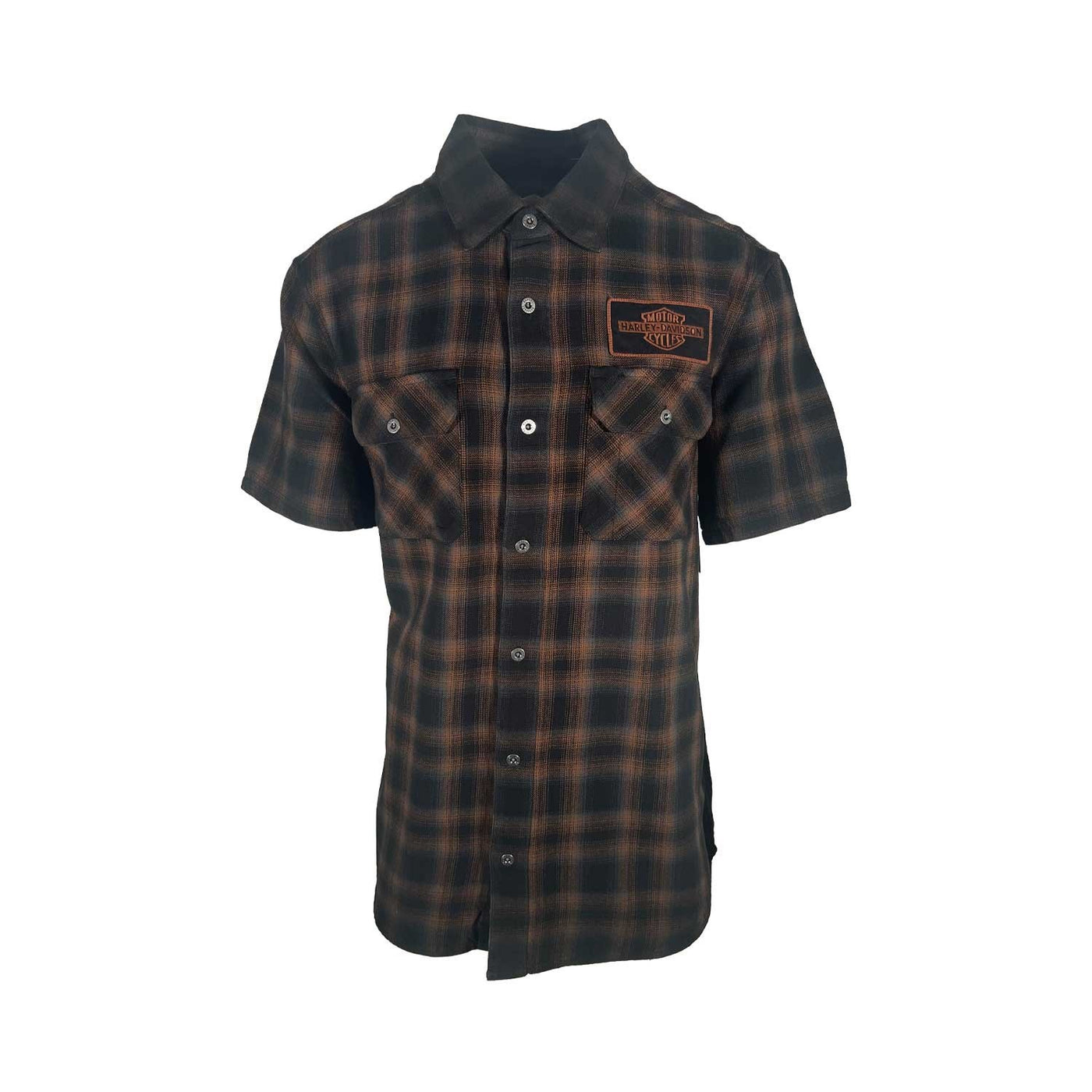 Harley-Davidson Men's Black & Amber Brown Shirt Bar & Shield Plaid S/S (S71)