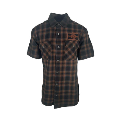 Harley-Davidson Men's Black & Amber Brown Shirt Bar & Shield Plaid S/S (S71)