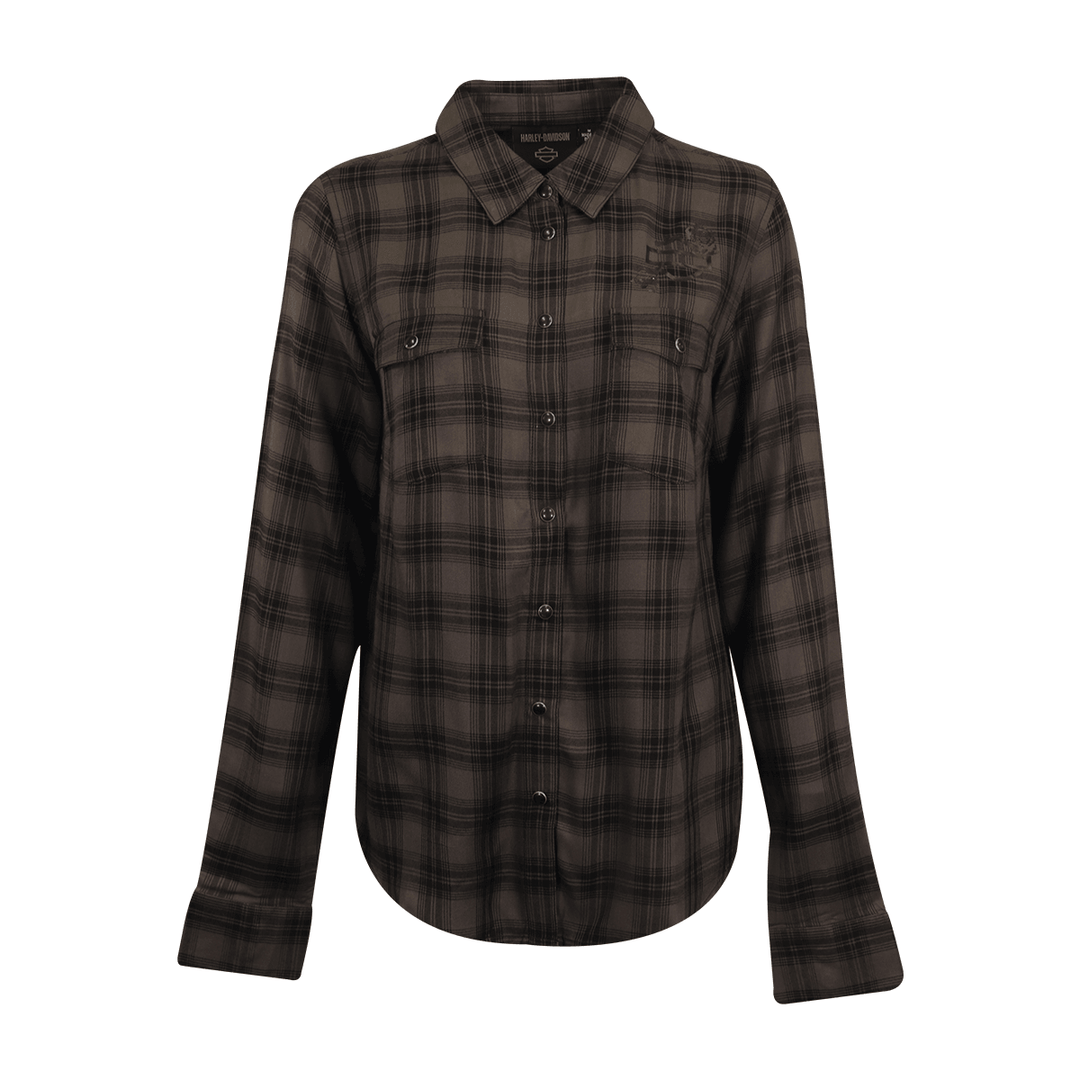 HD Branded Women's Shirt Black Grey Plaid Rose L/S Woven (S18)