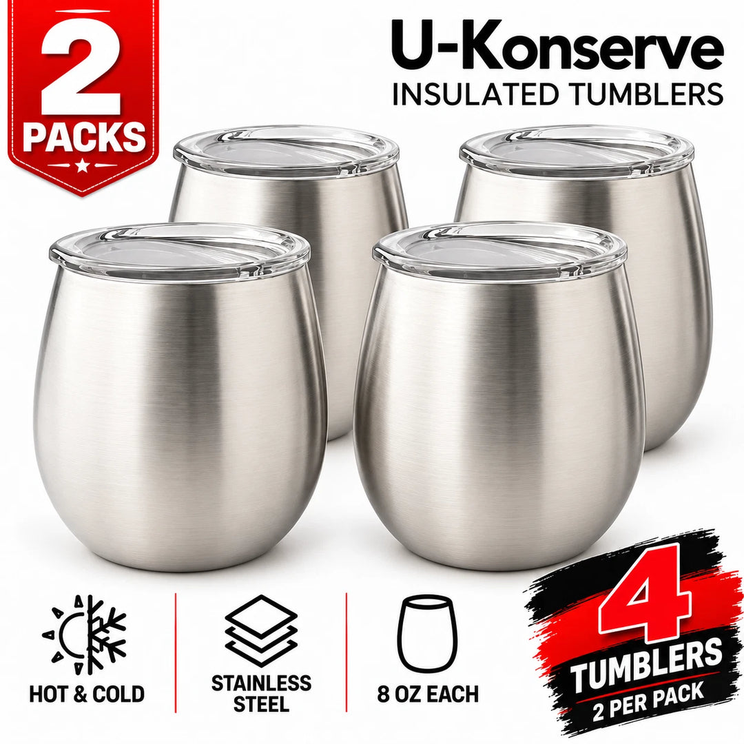 U-Konserve Insulated Stainless Steel Wine Tumblers &amp; Lids – 2 Pack - 4 Pcs (S01)