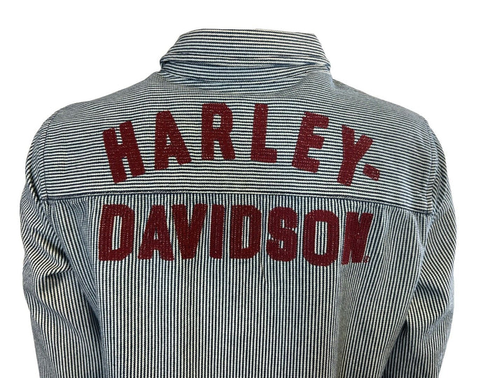 HD Branded Women's Blue Shirt Railroad Stripe Logo Long Sleeve (S26)