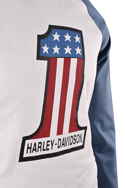 Harley-Davidson Men's T-Shirt Blue #1 Race Raglan Graphic Long Sleeve (S28)