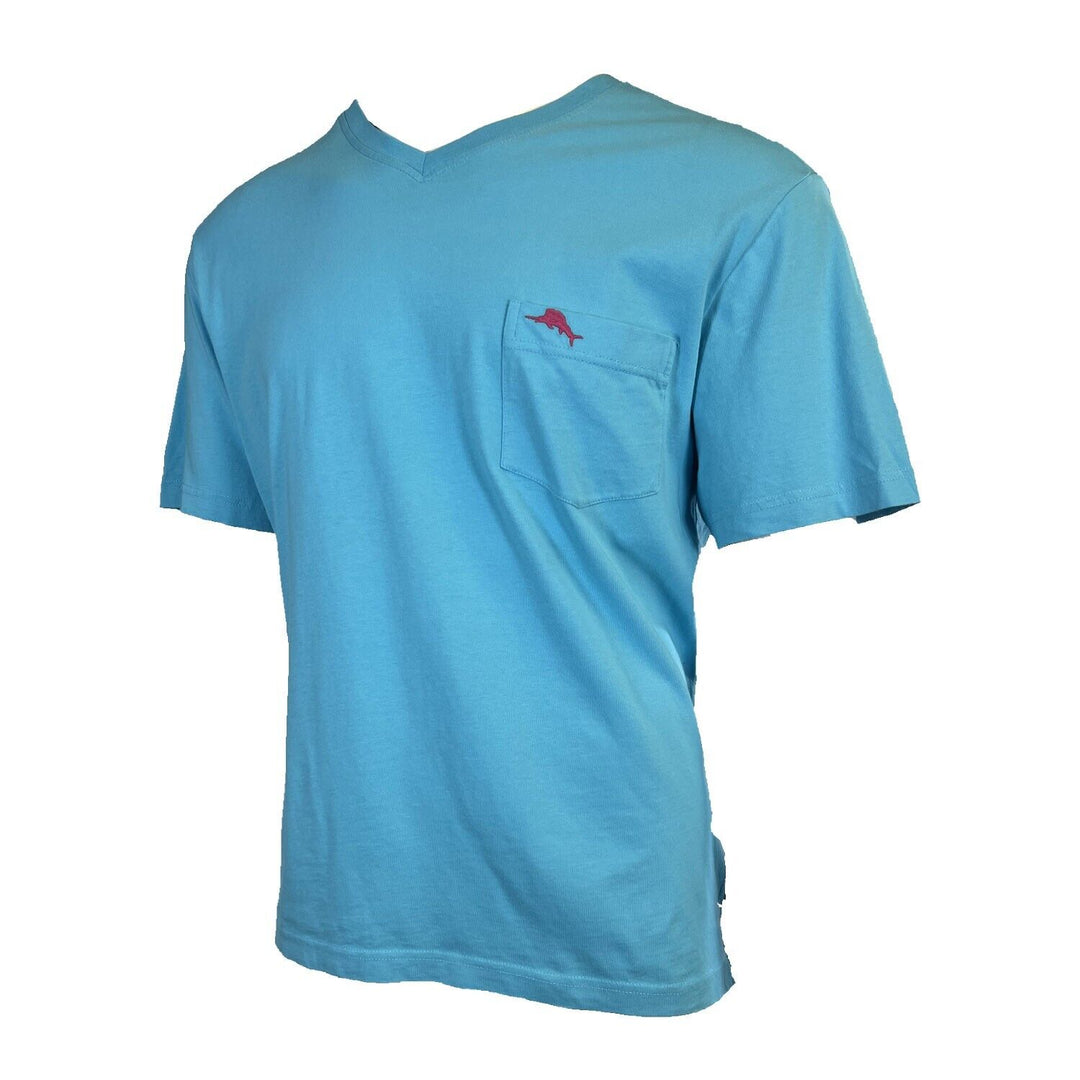 Tommy Bahama Men's Neon Blue T-Shirt V-Neck Bali Skyline Pink Logo Tee (S59)