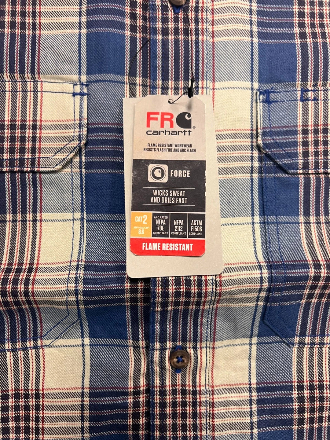 Carhartt FR Men’s Blue &amp; White Plaid Shirt Rugged Flex Workwear L/S CAT 2 (S373)